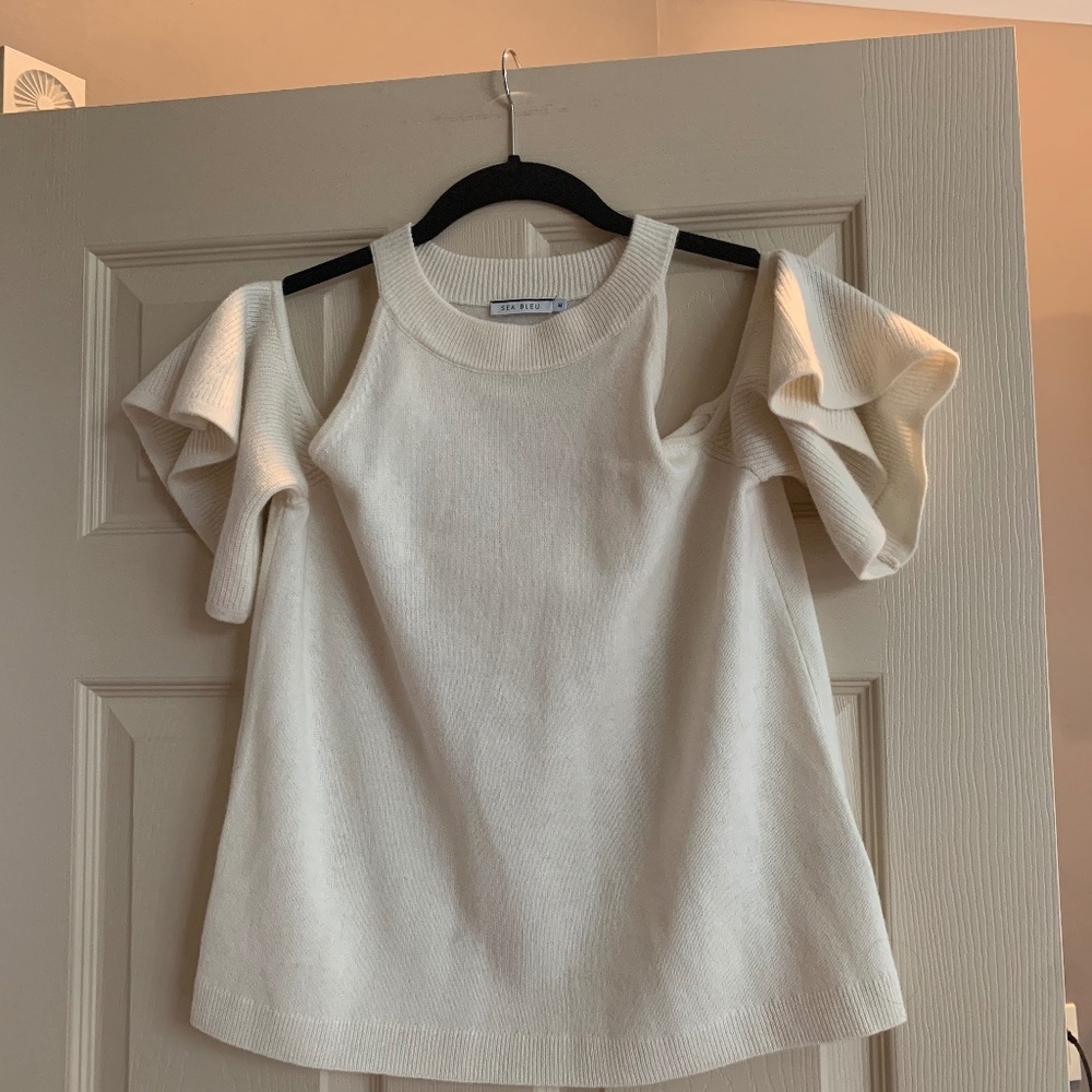 Sea Blue Cream Cold Shoulder Cashmere Sweater sz M